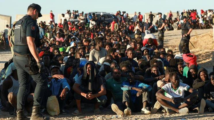 Mass crossings of migrants on foot and by sea from Morocco into Spanish territory, in Ceuta
