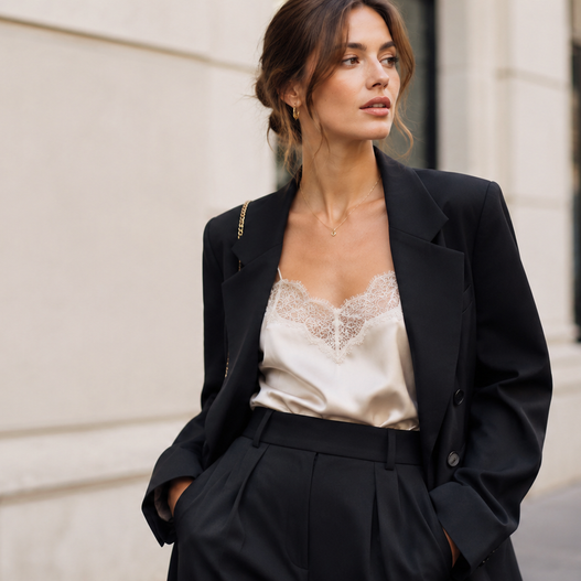 Saténové košilky, krajková body i jemné topy opouštějí šuplíky s prádlem a stávají se sebevědomou součástí denních i večerních outfitů.