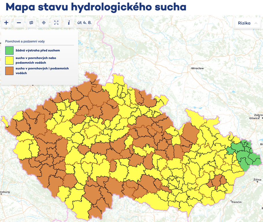 Mapa hydrologického sucha k 4. srpnu 2026