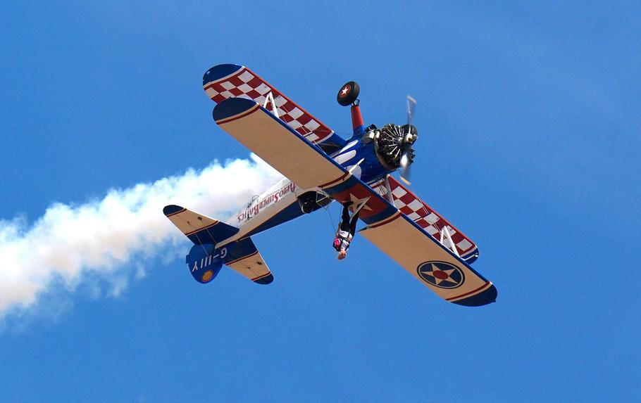 97-year-old Betty Bromage on the wing of an Aero-Super-Batics biplane during an attempt to break the Guinness World Record for the oldest female wing-walker, with her sixth wing walk, at RFC Rendcomb Airfield near Cirencester, Gloucestershire. Picture dat
