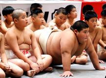 Elementary school sumo wrestlers at the Wanpaku sumo wrestling tournament in Tokyo