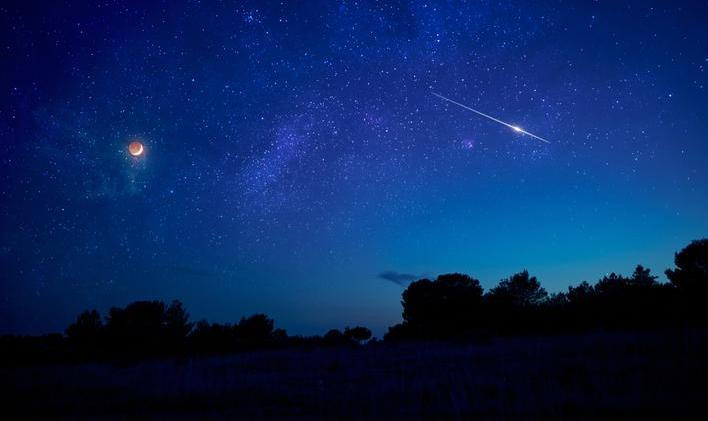 Landscape,Silhouette,Of,Evening,Sky,With,Crescent,Moon,Eclipse,,Meteor,