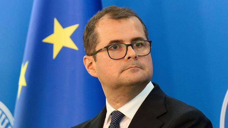 Bucharest, Romania. 30th Jul, 2026: Vasile Tofan, Prime Minister of Moldova, listens to the speech of Romanian Prime Minister Ilie Bolojan (not in picture) at Victoria Palace, the Romanian Government headquarters. Credit: Lucian Alecu/Alamy Live News