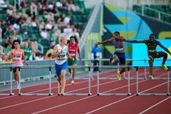 Michal Rada v závodě 400 metrů překážek na MS juniorů 2026 v Eugene