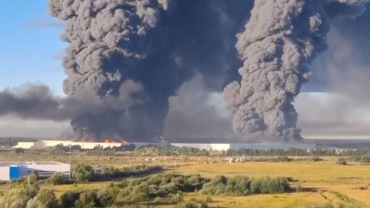 FILE PHOTO: Smoke billows from a warehouse, after deadly Ukrainian drone attacks, as per regional governors, in Elektrostal