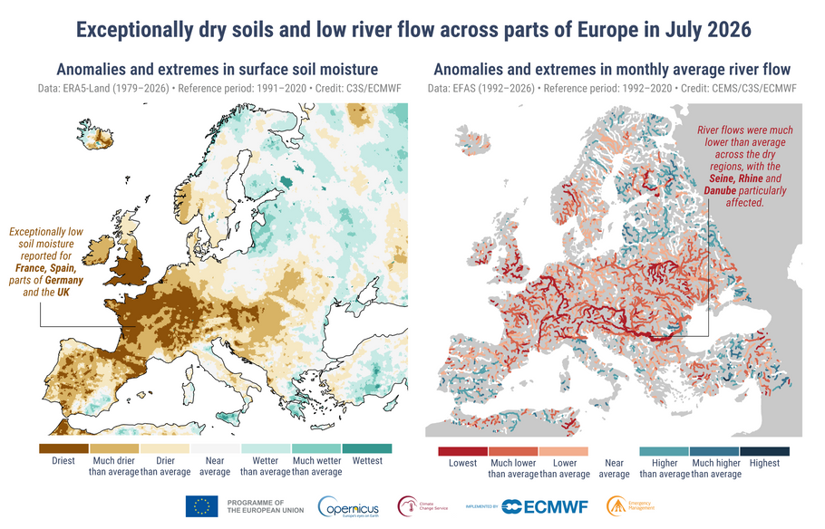 Denní průměrná teplota povrchu moře (°C) zprůměrovaná pro světový oceán mimo polární oblasti (60° j. š. až 60° s. š.) v letech 2023 (žlutě), 2024 (oranžově), 2025 (červeně) a 2026 (tmavě červeně). Všechny ostatní roky mezi 1979 a 2022 jsou znázorněny šedými čarami. Denní průměr za referenční období 1991–2020 je vyznačen přerušovanou šedou čarou. Zdroj dat: ERA5. Grafika: C3S/ECMWF.