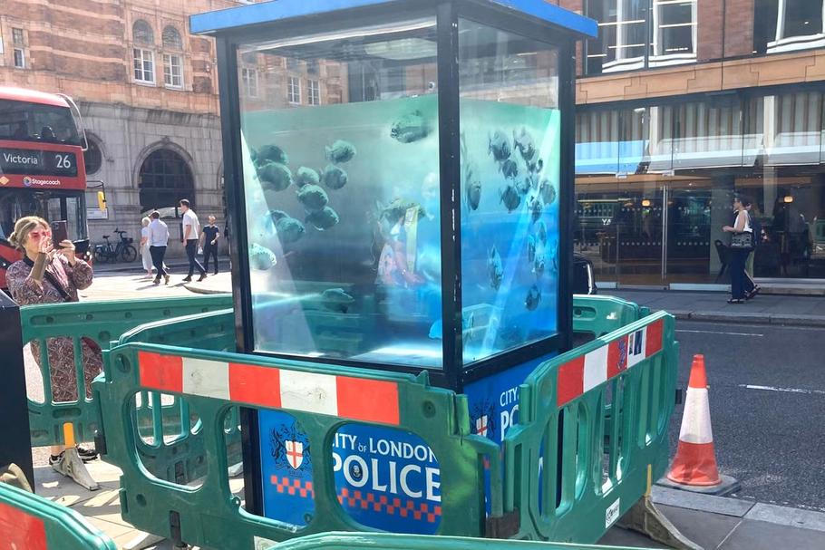 Policejní strážní budku v londýnské City pomaloval Banksy obrázky piraní.