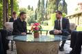 Rome, Italy. 18th May, 2025. Ukrainian President Volodymyr Zelenskyy, left, comments during a bilateral meeting with U.S Vice President JD Vance on peace talks with Russia at the Villa Taverna, May 18, 2025 in Rome, Italy. The two met after attending the 