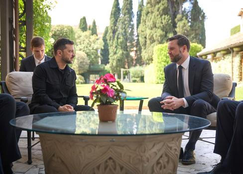 Rome, Italy. 18th May, 2025. Ukrainian President Volodymyr Zelenskyy, left, comments during a bilateral meeting with U.S Vice President JD Vance on peace talks with Russia at the Villa Taverna, May 18, 2025 in Rome, Italy. The two met after attending the 