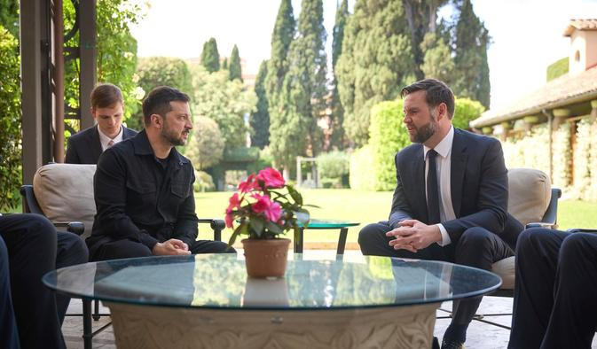 Rome, Italy. 18th May, 2025. Ukrainian President Volodymyr Zelenskyy, left, comments during a bilateral meeting with U.S Vice President JD Vance on peace talks with Russia at the Villa Taverna, May 18, 2025 in Rome, Italy. The two met after attending the 