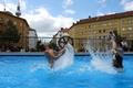 Berlin's Volksbuehne theatre install a temporary public swimming pool outside its building at Rosa-Luxemburg-Platz