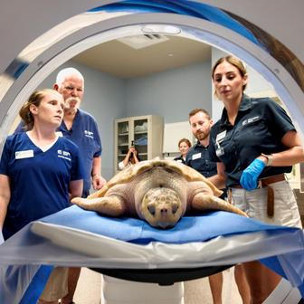 Rhossi, a critically endangered Kemp's ridley sea turtle, is prepared to undergo a CT scan in Houston