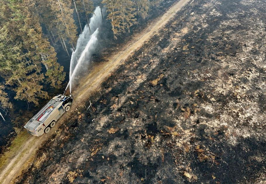Wildfire burning in the High Fens (Hautes Fagnes) region in Belgium