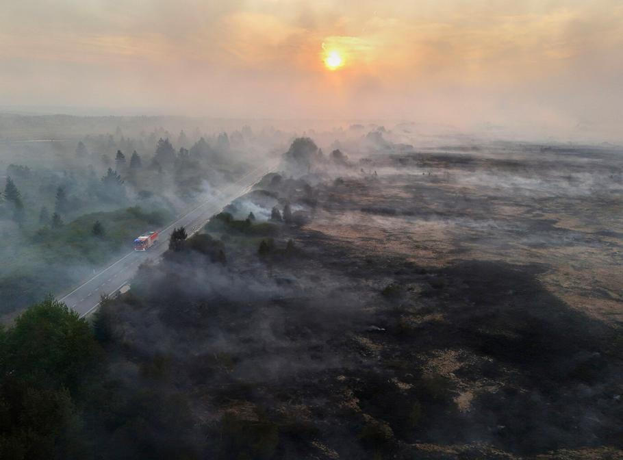 Wildfire burning in the High Fens (Hautes Fagnes) region in Belgium
