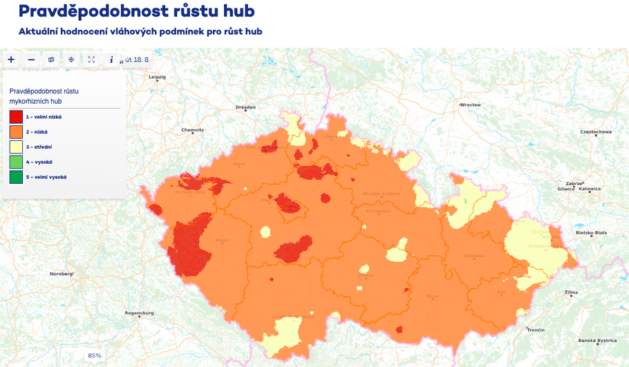 Pravděpodobnost růstu hub k 18.8. 2026.