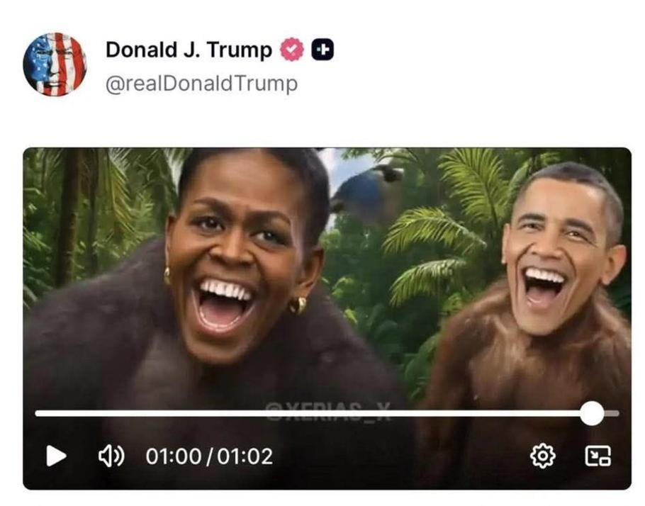 Donald Trump zveřejnil na své sociální síti video, které zobrazovalo Obamovy jako opice. Po silné kritice ho později smazal.