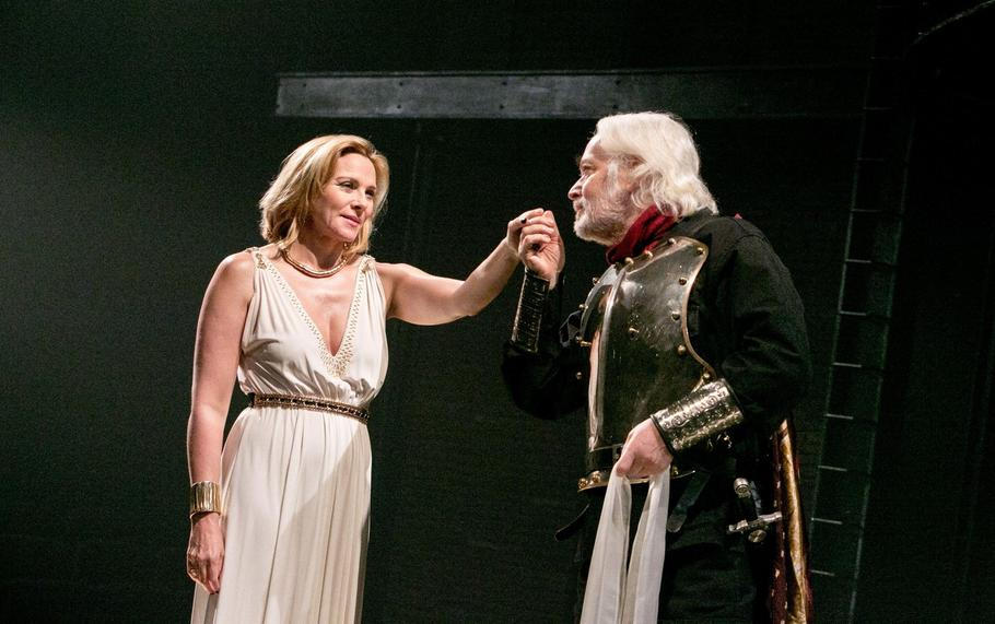 Kim Cattrall (Cleopatra), Michael Pennington (Mark Antony) in ANTONY AND CLEOPATRA by Shakespeare at Chichester Festival Theatre, West Sussex, England  14/09/2012  design: Peter Mckintosh  lighting: Paul Pyant  director: Janet Suzman