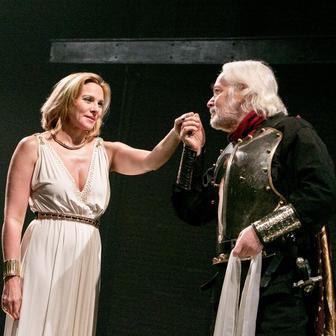 Kim Cattrall (Cleopatra), Michael Pennington (Mark Antony) in ANTONY AND CLEOPATRA by Shakespeare at Chichester Festival Theatre, West Sussex, England  14/09/2012  design: Peter Mckintosh  lighting: Paul Pyant  director: Janet Suzman