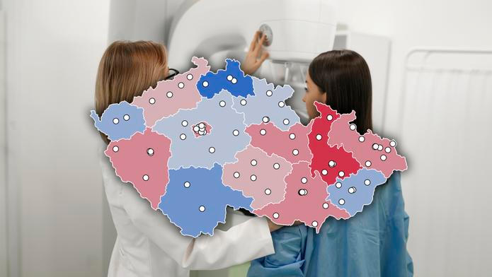 Žena na vyšetření mamografie, v popředí mapa mamografických pracovišť.