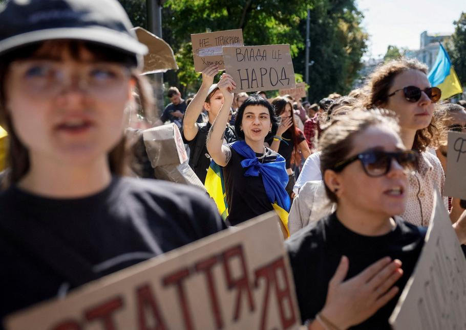 Protest against Ukrainian President Zelenskiy's decision to replace Fedorov as Defence Minister, near the Parliament building in Kyiv