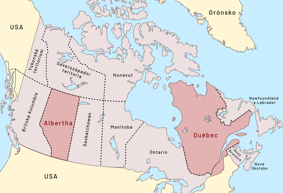 Kanadské provincie Québec a Alberta. 