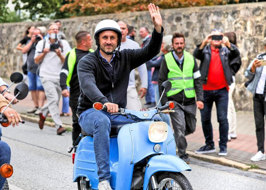 Ulrich Siegmund, AfD party's Saxony-Anhalt state election candidate, attends a Simson lightweight motorcycle ride in Quedlinburg