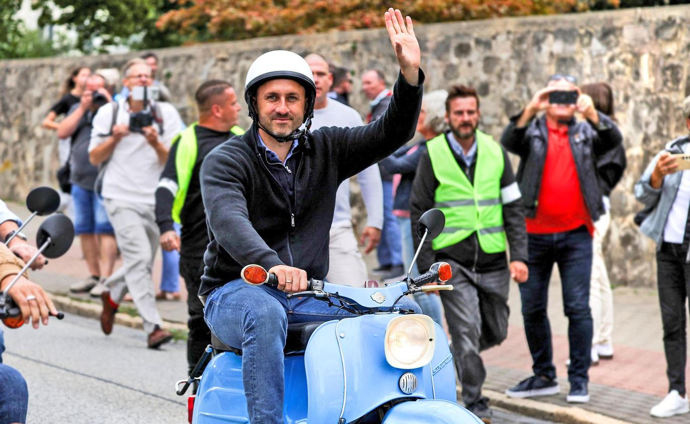 Ulrich Siegmund, AfD party's Saxony-Anhalt state election candidate, attends a Simson lightweight motorcycle ride in Quedlinburg