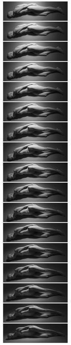 Seriální fotografie The Body in Motion Pavla Máry. Vertikální posuny fotoaparátu navozují iluzi pohybu ležícího těla.
