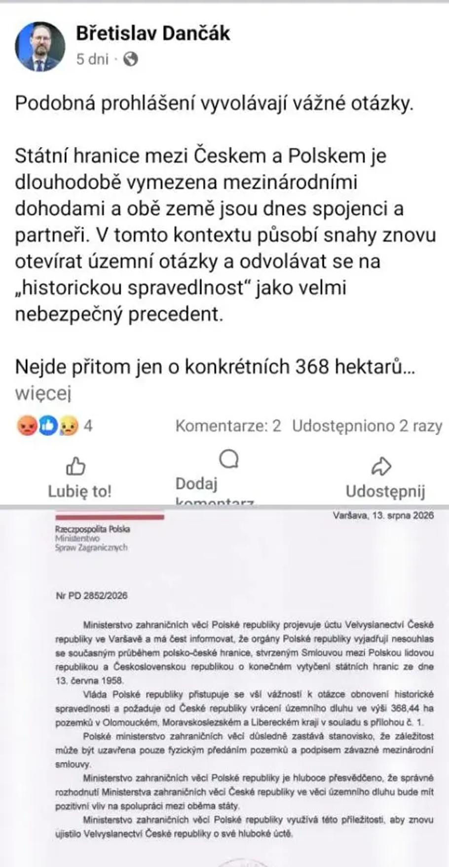 Falešný profil českého velvyslance v Polsku zveřejnil falešnou listinu.