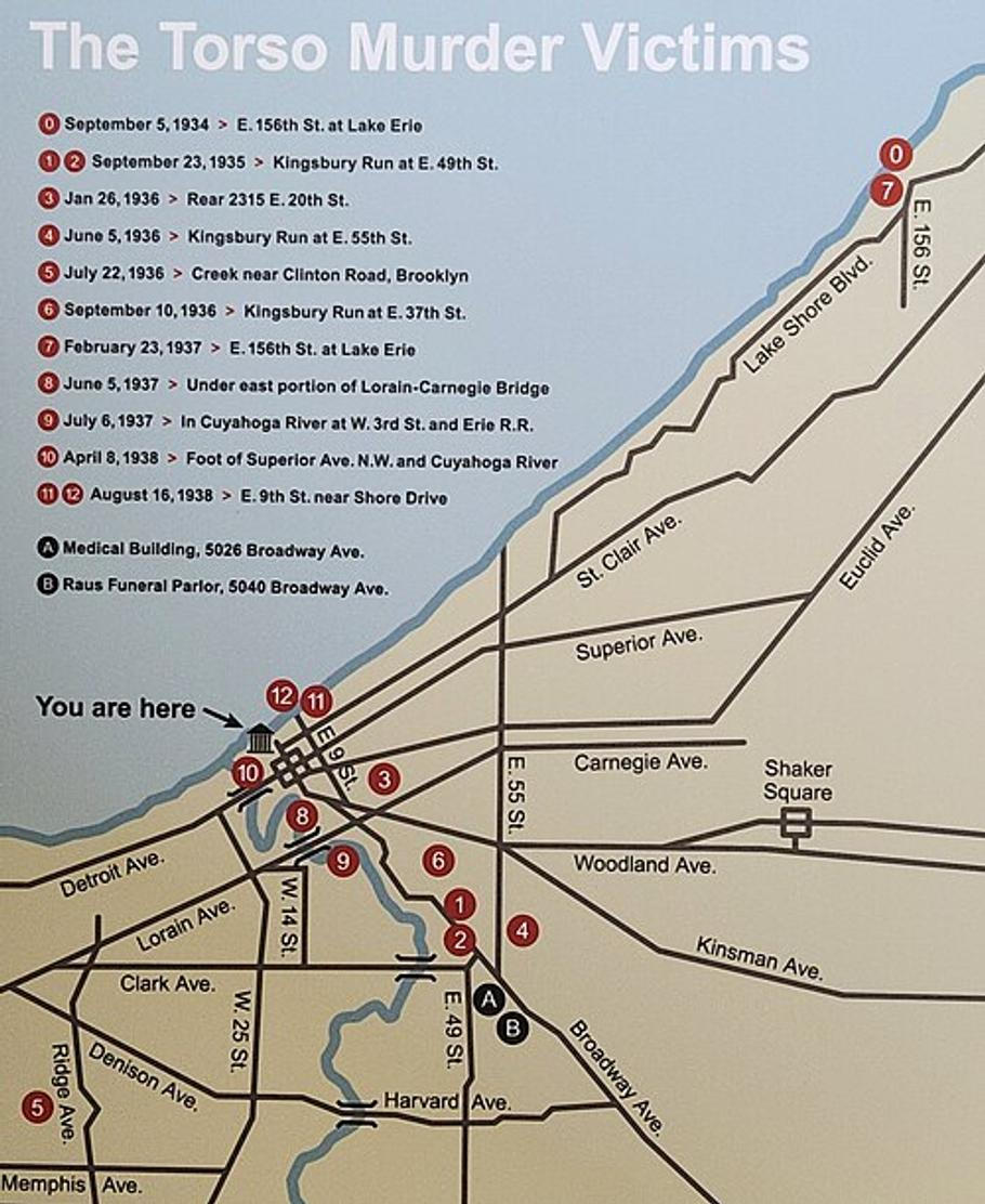 Mapa míst nálezů obětí Řezníka z Kingsbury Run.