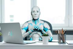 A,Futuristic,Humanoid,Ai,Robot,Sitting,At,A,Modern,Office