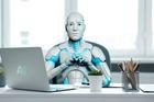 A,Futuristic,Humanoid,Ai,Robot,Sitting,At,A,Modern,Office