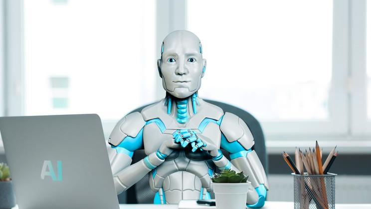 A,Futuristic,Humanoid,Ai,Robot,Sitting,At,A,Modern,Office