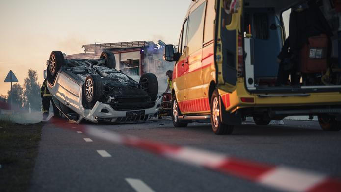 On,The,Car,Crash,Traffic,Accident,Scene,Rollover,Smoking,Vehicle