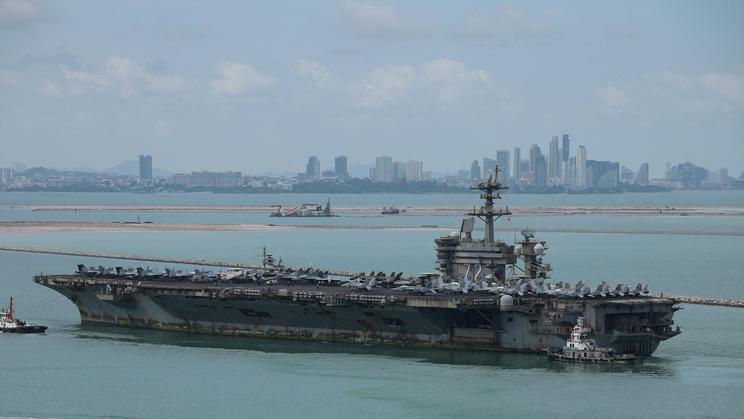 USS Abraham Lincoln sails toward Laem Chabang Port in Chonburi province, Thailand