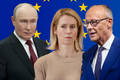 Ruský prezident Vladimir Putin (zleva), šéfdiplomatka EU Kaja Kallasová a německý kancléř Friedrich Merz na koláži Aktuálně.cz