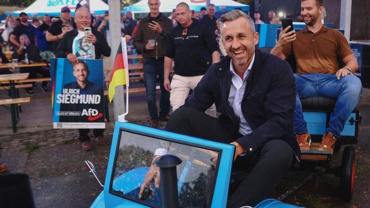 Ulrich Siegmund, top candidate of the far-right Alternative for Germany (AfD) party campaigns in Klein-Wanzleben