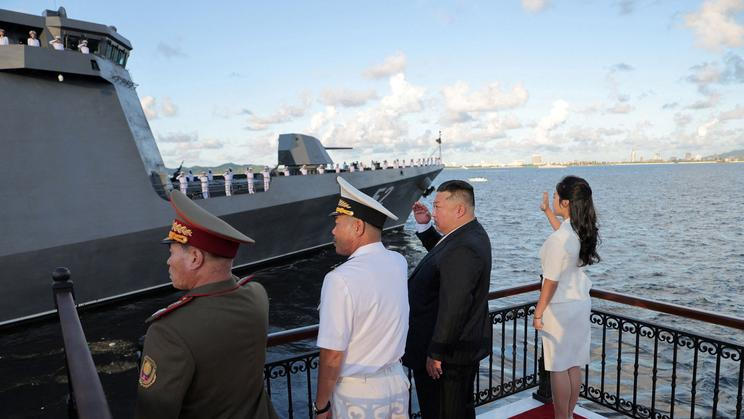 North Korean leader Kim Jong Un attends the commissioning ceremony of the destroyer "Kang Kon", at Wonsan Port