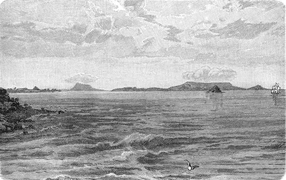 Sundský průliv mezi Jávou a Sumatrou, na které je vulkanický ostrov Krakatoa, historická ilustrace z roku 1899.