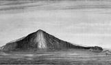 Průrva vzniklá při erupci sopky Krakatoa v roce 1883 v Sundském průlivu na dobové ilustraci. Z díla Vesmír a lidstvo, 1910.