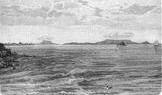 Sundský průliv mezi Jávou a Sumatrou, na které je vulkanický ostrov Krakatau, historická ilustrace z roku 1899.