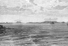 Sundský průliv mezi Jávou a Sumatrou, na které je vulkanický ostrov Krakatau, historická ilustrace z roku 1899.