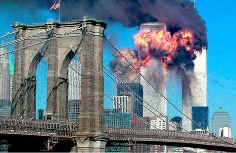File photo of the second tower of the World Trade Center bursting into flames after being hit by an airplane in New York