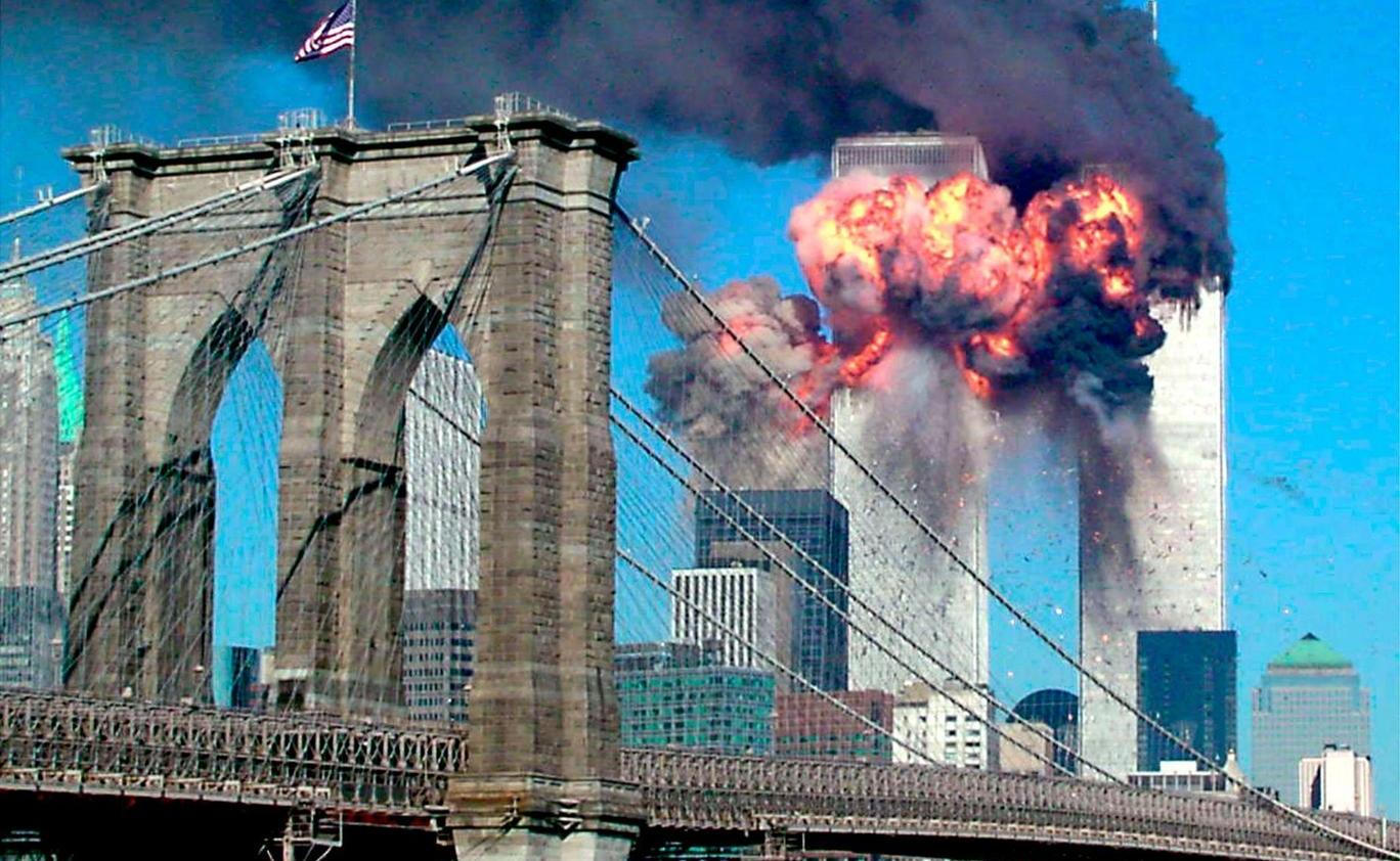 File photo of the second tower of the World Trade Center bursting into flames after being hit by an airplane in New York