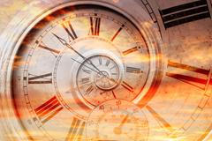 Double,Exposure,Of,Vintage,Style,Clock,And,Sunset,Sky.,Time