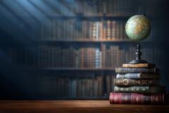 Old,Geographical,Globe,And,Old,Book,In,Cabinet,With,Bookselfs.