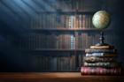 Old,Geographical,Globe,And,Old,Book,In,Cabinet,With,Bookselfs.