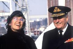 King Olav aboard the newly restored royal ship "Norge" with Princess Astrid after the handover at Horten Verft