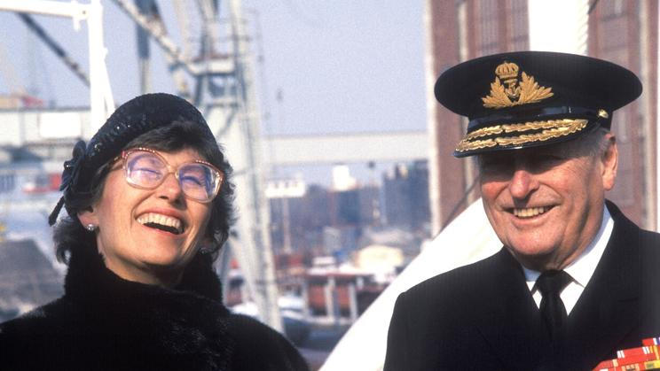 King Olav aboard the newly restored royal ship "Norge" with Princess Astrid after the handover at Horten Verft