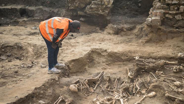 Archeologické vykopávky, Karlín, masový hrob, Vojenský hřbitov Karlín, kosti, archeologie, antropologie